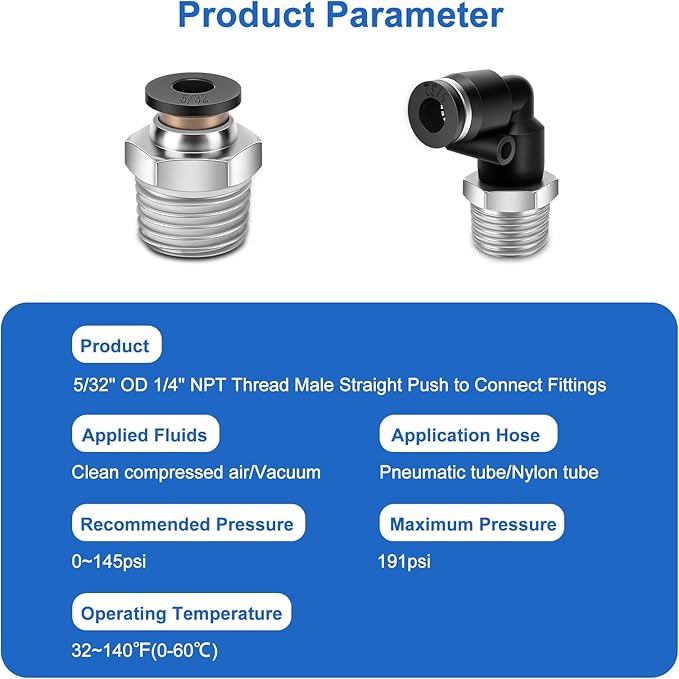 12 Pcs Push to Connect Fittings 5/32 Inch Tube OD x 1/4 Inch NPT Thread Pneumatic Male Straight and Elbow Quick Connect Air line fittings