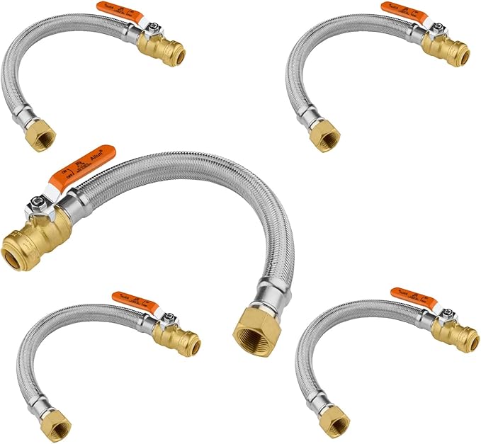 (5 Pack) Seelink 18-Inch Stainless Steel Flexible Heater Hose, 3/4 Inch Push-fit Ball Valve x 3/4 Inch FIP, Push-to-Connect for Copper, PEX, and CPVC