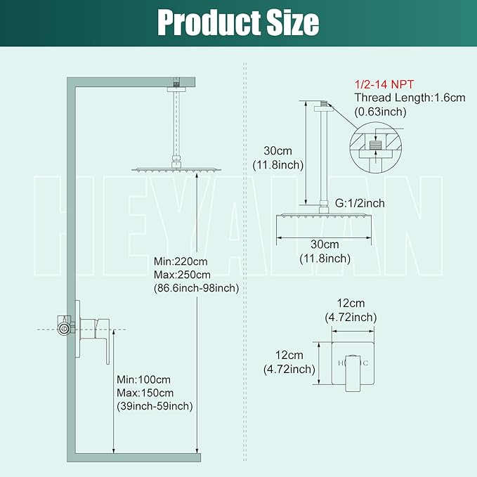 Heyalan Shower Faucet Set Square Stainless Steel Bathroom Rainfall Shower System One Handle Single Function Shower Trim Kit with Rough-in Valve Male Thread,Ceiling Mount,12 Inch,Brushed Gold