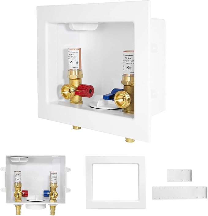 2-PACK GUOFIS Washing Machine Outlet Box with Copper Water Hammer Arrestor,PEX Laundry Washer Box with Central and Side Drain(1/2"PEX-A Expansion Connection Inlet X 3/4"MHT Outlet)(WM013-2Pack)
