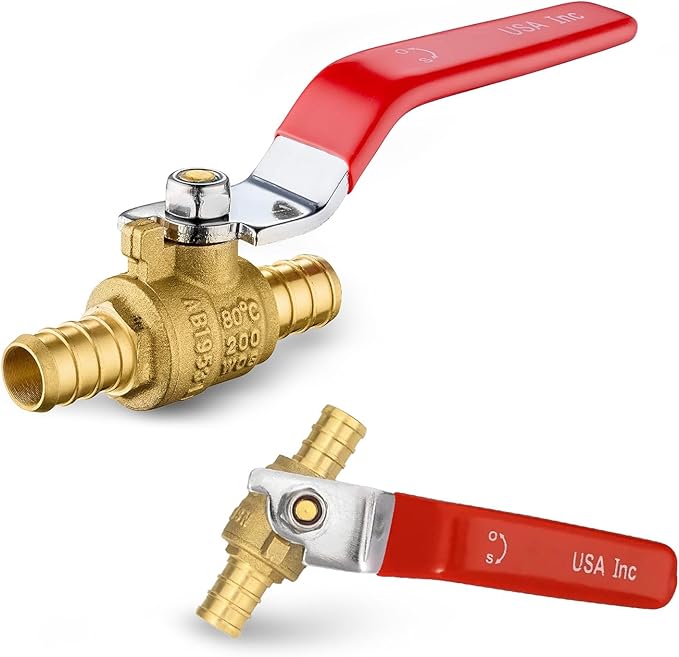 2-Pack Foskan 1/2 Inch PEX Crimp Full Port Ball Valve with Red Handle, Brass Quarter Turn Shut-off Valve for PEX Tubing