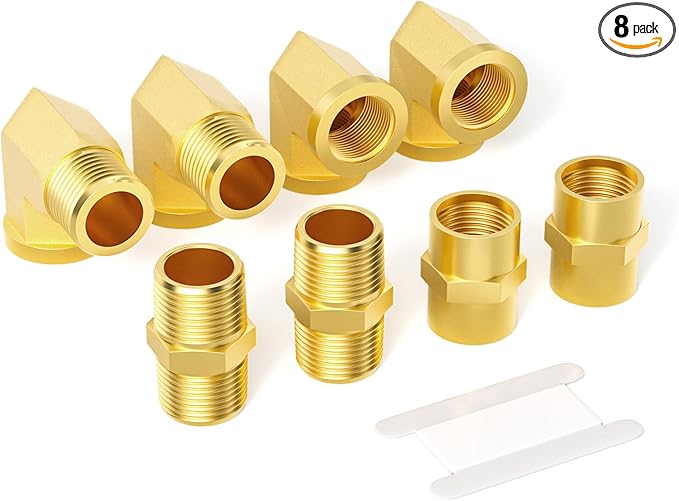 GASHER 8PCS 1/8 Inch NPT Brass Pipe Fittings, Hex Nipple, Hex Coupling, 90 Degree Barstock Street Elbow Air Hose Fittings