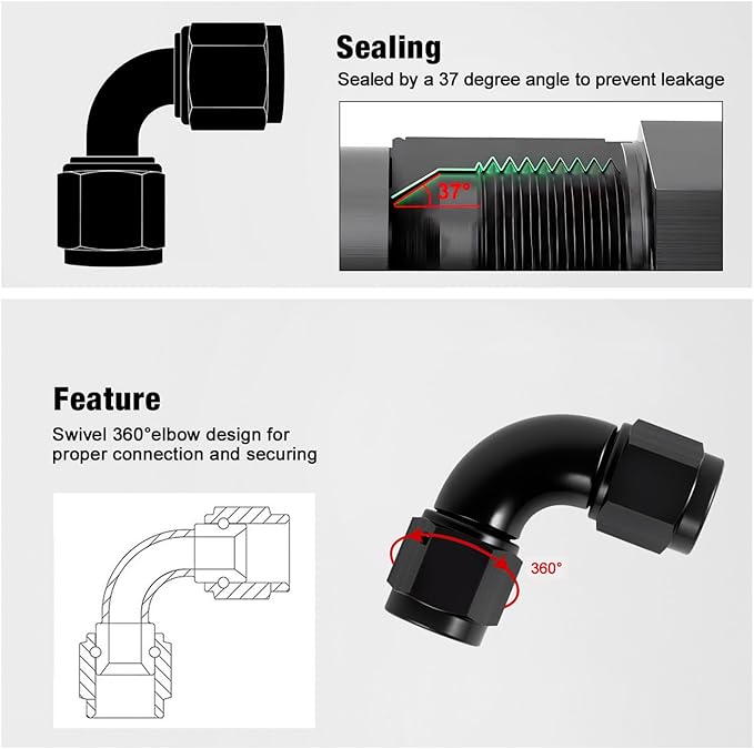 6AN Female to 6AN Female 90 Degree Swivel Coupler Fitting One Piece Full Flow Adapter 9/16-18UNF Thread Aluminium Black 2PCS