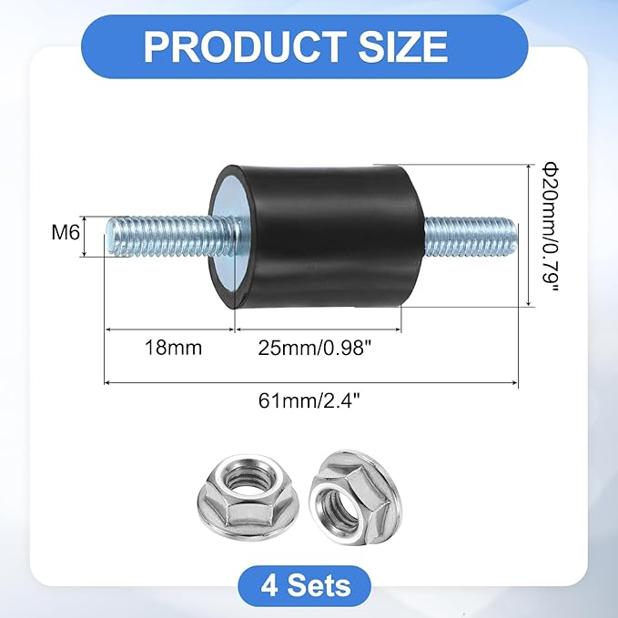 uxcell 4Pcs M6 x 18mm Rubber Mounts, 25 x 20mm Cylindrical Anti Vibration Isolator Studs Shock Absorber Double Studs with Nuts for Car Bobbin Generator Air Compressors