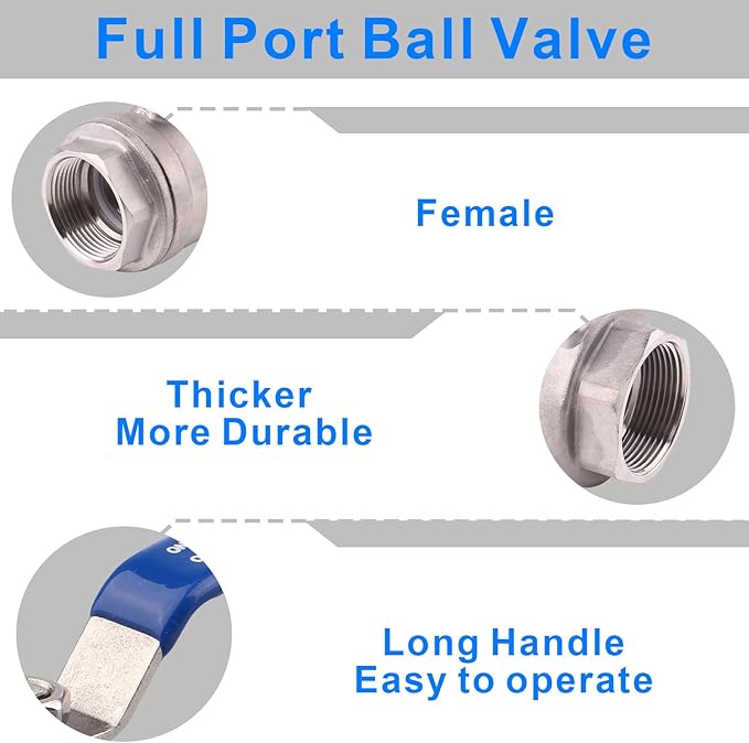 DERNORD Full Port Ball Valve Stainless Steel 304 Heavy Duty for Water, Oil, and Gas with Blue Locking Handles (1-1/4" NPT)