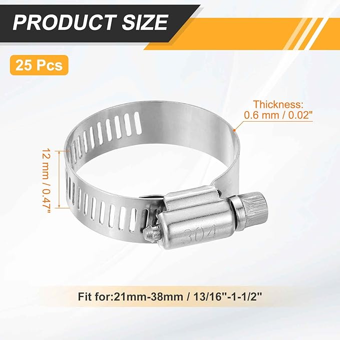 HARFINGTON 25 Pcs Hose Clamp 13/16"-1-1/2" (21-38mm) 304 Stainless Steel Adjustable Worm Gear Hose Clamp with Phillips Screw Assortment Kit for Fuel Line Pipe Plumbing Automotive Tube
