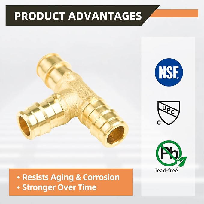 10-Pack YVSKM 1/2" PEX-A Tee Expansion Fitting, Lead-Free Brass Full Flow Connector, ASTM F1960 & cUPC Certified for Residential Hot & Cold Water and Radiant Heating Systems