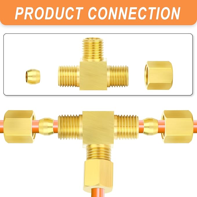 GASHER 5PCS Brass Compression Tube Pipe Fitting Connector, Tee，3/16" x 3/16" x 3/16" Tube OD Connector
