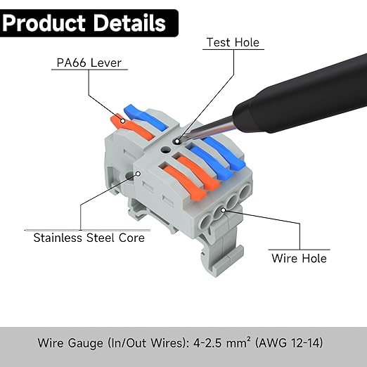 5Pcs Lever Wire Connectors, 2 in 4 Out, Push-in, 4-2.5 mm² Quick Wiring DIN Terminal Blocks, 30Pcs Wire Ferrules Terminals & 5.51 Inch DIN Rail Included