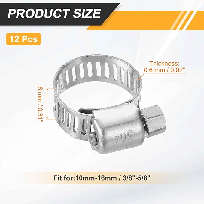 HARFINGTON 12 Pcs Hose Clamp 3/8"-5/8" (10-16mm) 304 Stainless Steel Adjustable Worm Gear Hose Clamp with Phillips Screw Assortment Kit for Fuel Line Pipe Plumbing Automotive Tube