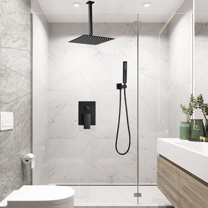 Shower System Matte Black Bathroom 10 Inch Rain Shower Head Ceiling Mount with Handheld Luxury High Pressure Shower Combo Set Shower Faucet Rough-in Valve Body and Trim Kit