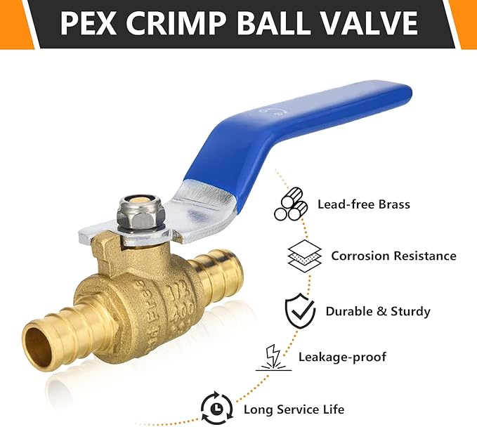 40-PCs HeSun PEX Ball Valves, 1/2-Inch Brass Crimp Pex Valve for Hot and Cold Water, 1/4 Turn Full Port Shut-off, ASTM F1807, Blue(VALVE009-40)