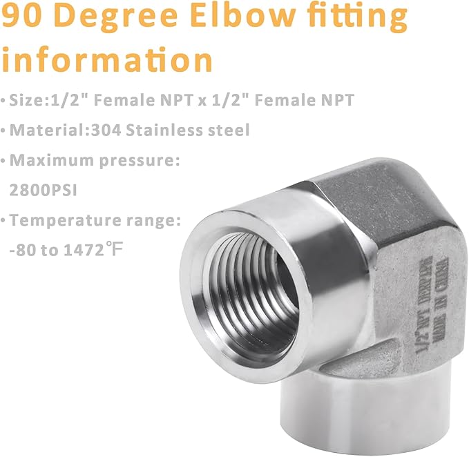90 Degree Street Elbow - 1/2" NPT Female to 1/2" NPT Female Stainless Steel 304 Heavy Duty Forged Barstock Street Elbow Adapter Pipe Fitting (pack of 2)