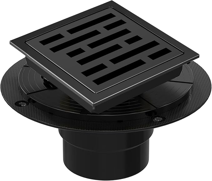 4 Inch Square Shower Floor Drain, Shower Drain Kit with Flange, Square Shower Drain, SUS 304 Stainless Steel Floor Drain,Matte Black