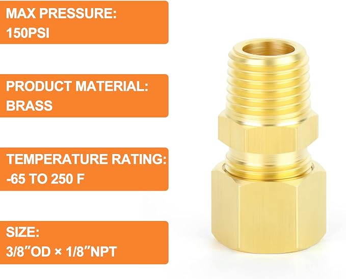 GASHER 10PCS Brass Compression Tube Pipe Fitting Connector, 3/8" Tube OD x 1/8" NPT Male Connector
