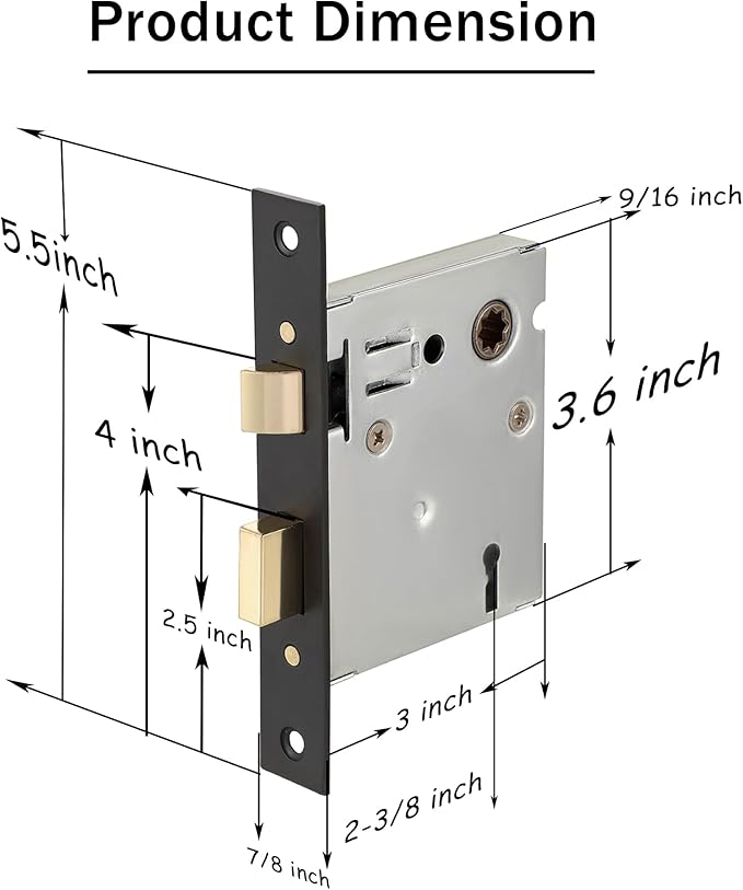 Mortise Lock Set - Interior Door Lock Replacement Kit, Reversible Latch, Skeleton Key, Antique Vintage Style, Matte Black Finish