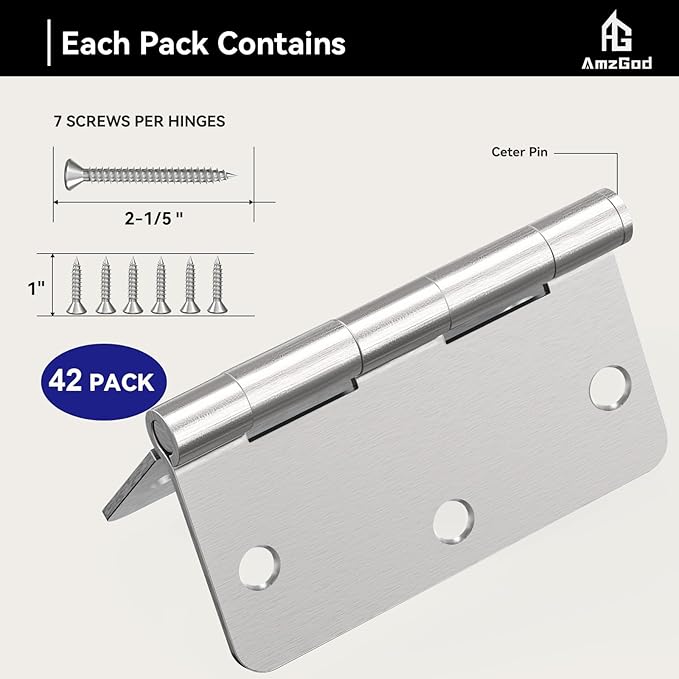 Door Hinges Brushed Nickel - 42 Pack Nickel Door Hinges 3.5 Inch Rounded Interior Satin Nickel Door Hinge with 1/4" Radius - Flat Iron Residential Standard 3 1/2 Inches Silver Door Hardware