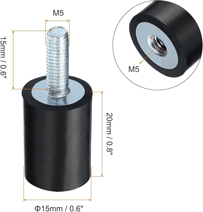 uxcell 8pcs M5x15mm Rubber Isolator Mounts with Studs 15x20mm Male Female Vibration Shock Absorber Zinc Plated Cylindrical Thread Mounts Anti Vibration Isolators with 8pcs M5 Lock Nuts