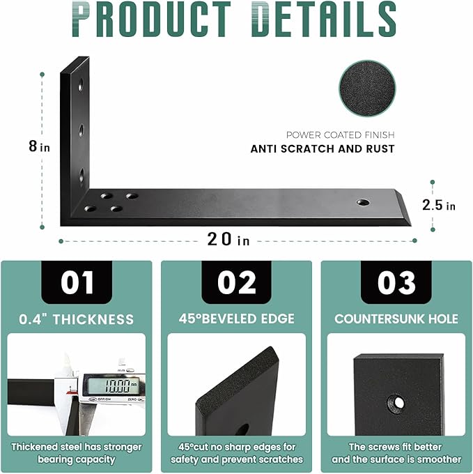 Countertop Support Brackets 2 Pack L Bracket Countertop Brackets 20" x 8" x 2.5" Heavy Duty 3/8" Thick Shelf Brackets Metal Corbels L Shape Bracket for Wood Shelf/Quartz/Granite/Concret Countertops