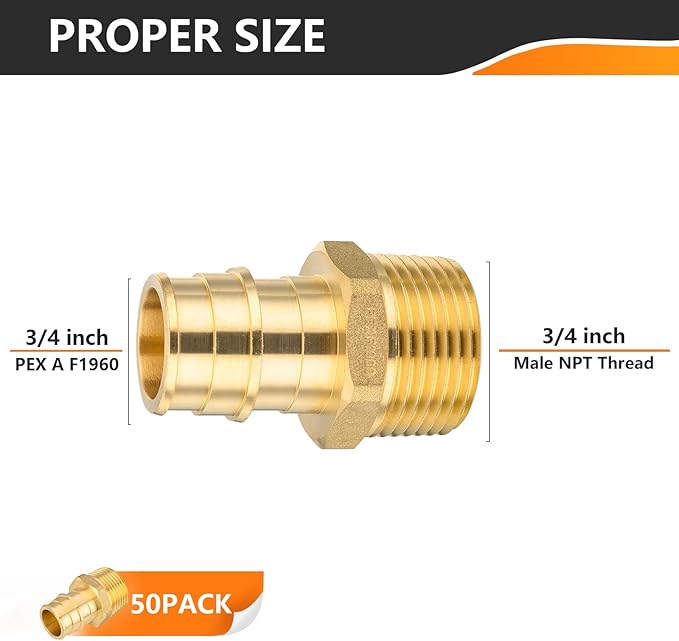 50-Pack HeSun PEX A Expansion Fitting, 3/4 Inch Male Thread Adapter,3/4" Male NPT x 3/4" Pex Expansion Adapter,ASTM F1960(PEX1960018-50)