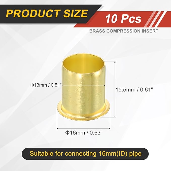 uxcell 10Pcs Fit for 13mm(1/2") Tube ID Brass Compression Fitting, Insert Tube Support Compression Sleeve Fitting, Sleeve Ferrules for Water Oil Air Pipe