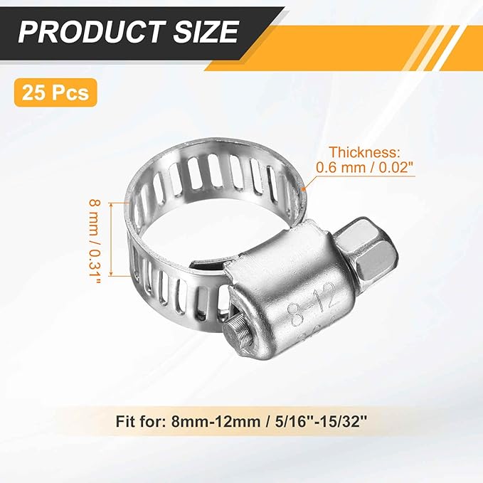 HARFINGTON 25 Pcs Hose Clamp 5/16"-15/32" (8-12mm) 304 Stainless Steel Adjustable Worm Gear Hose Clamp with Phillips Screw Assortment Kit for Fuel Line Pipe Plumbing Automotive Tube