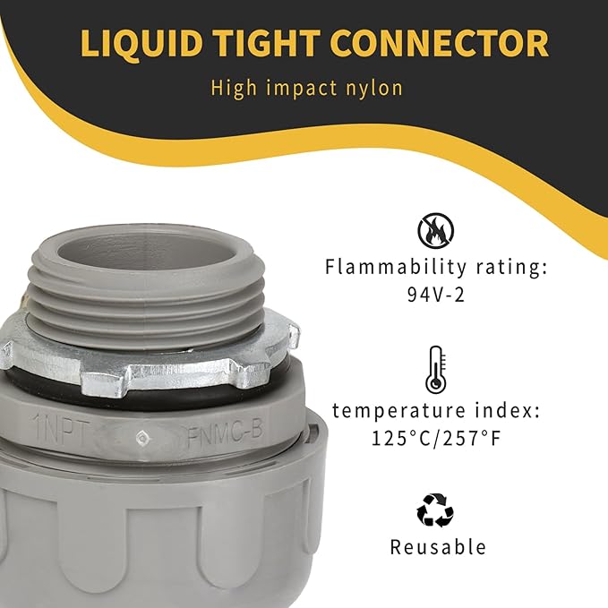 Conduit Connectors, 1 Inch Liquid Tight Connector NPT Non-Metallic for PVC Electrical Flexible Conduit Fittings, 180 Degree Straight, UL Listed for Home Outdoor Tubes Tools, Grey (15-Pack)