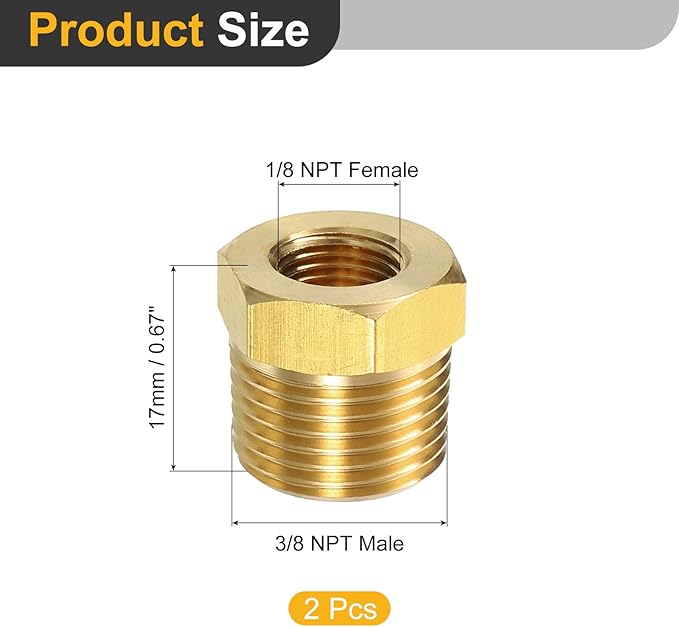 uxcell 2Pcs 3/8 NPT Male x 1/8NPT Female Brass Reducer Hex Bushing Threaded Pipe Fitting, Brass Threaded Pipe Fitting Adapter for Water, Gas, Oil Pipeline Systems