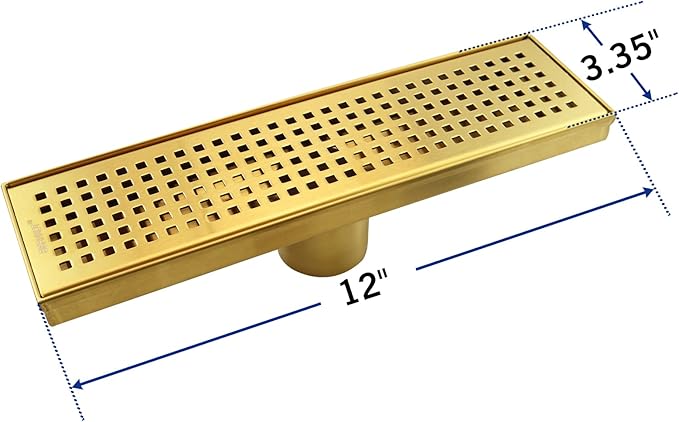 Linear Shower Drain 12", 304 Stainless Steel Floor Drain with Grid Drain Cover & Hair Strainer, Rectangular Shower Drain w/CUPC Certified, Brushed Gold