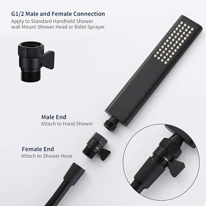 Tenfe Water Flow Control Valve, Brass Shut Off Valve Adjust Water Volume Regulator for Hand Held Shower Head & Bidet Sprayer, Matte Black Water Saver G1/2 Standard Connection