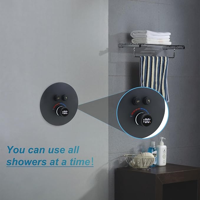 Round Digital Display Shower Valve 2 Way Shower Mixing Valve Concealed Installation Can Use All the Time Matte Black