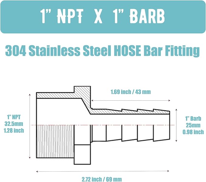 Hose Barb Fittings,304 Stainless Steel,1" Hose Barb to 1" Male NPT Male Thread Adapter Connector,Industrial Hose to Pipe Fittings Connect for Gas/Water/Oil.(2Pcs)