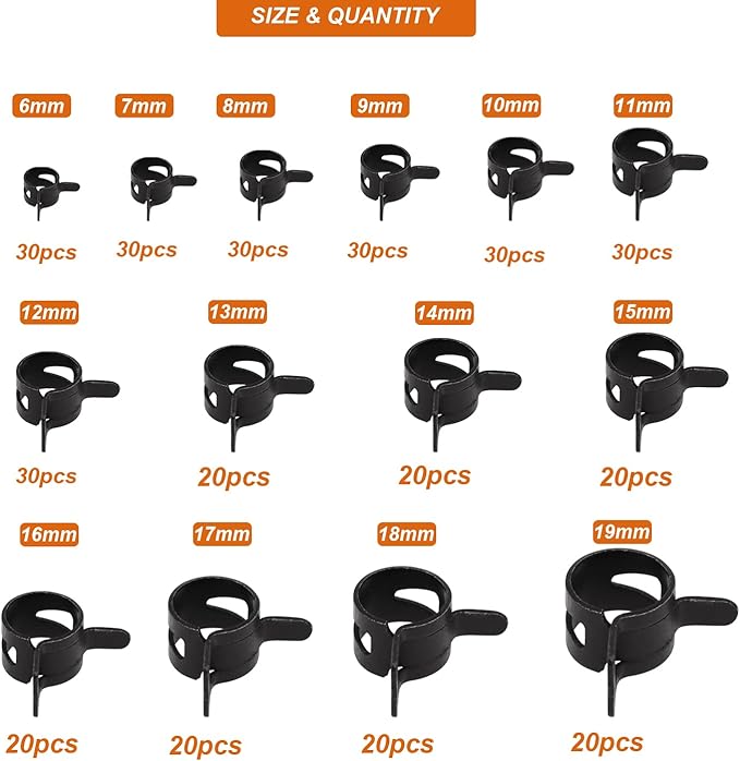AKIHISA 350 Pcs 6-19mm Spring Hose Clamp, Spring steel 65Mn Fuel Hose Clamp, 14 sizes for Silicone Vacuum Fuel Oil Hose Line Clamps