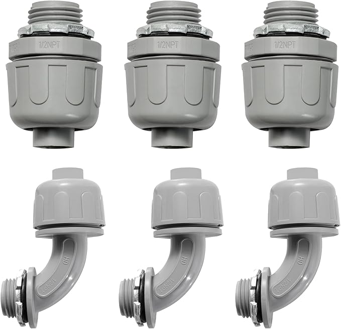 Conduit Connectors, 1/2 Inch Liquid Tight Connector NPT Non-Metallic for PVC Electrical Flexible Conduit Fittings, 3 Straight and 3 Angle 90 Degree, UL Listed, Grey (6-Pack)