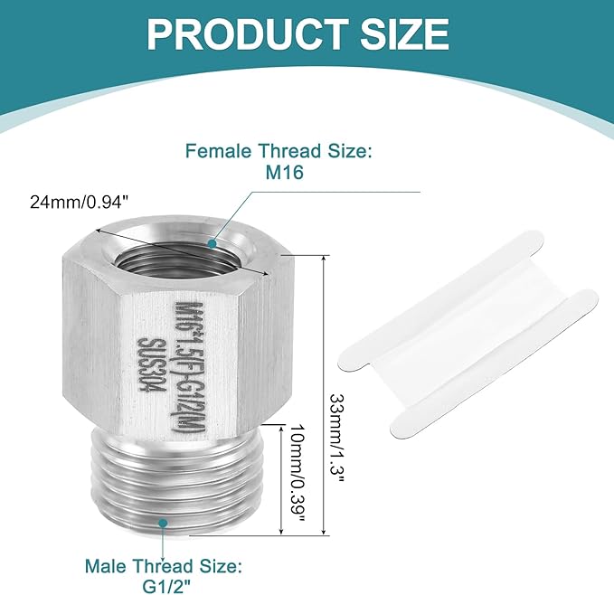 uxcell Pipe Fitting Reducing Adapter, G1/2" Male x M16 Female 304 Stainless Steel Reducer Connector for Water Oil Air Pressure Gauge, Silver