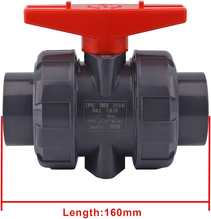 DERNORD PVC True Union Ball Valve with Full Port, EPDM O-Rings, and Reversible PTFE Seats,Rated at 200 PSI (1 1/2 inch Socket)