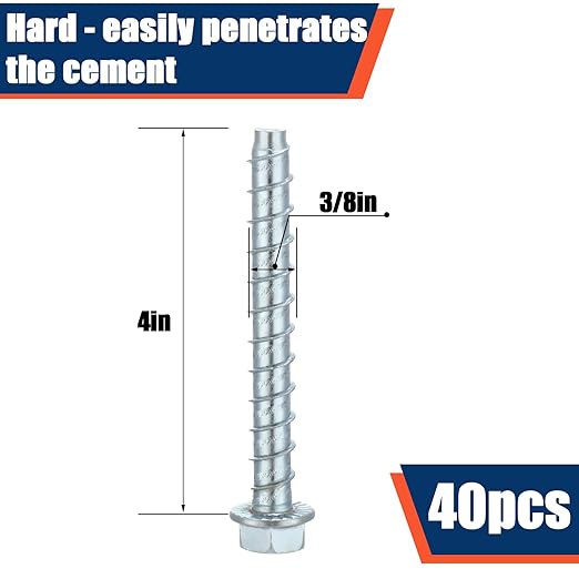Tandefio 40 Pack 3/8" x 4" Concrete Screw Anchor Galvanized Large Diameter Heavy Duty Plated Concrete Anchors for Masonry Brick Anchoring Block Decking Framing Hex Drive