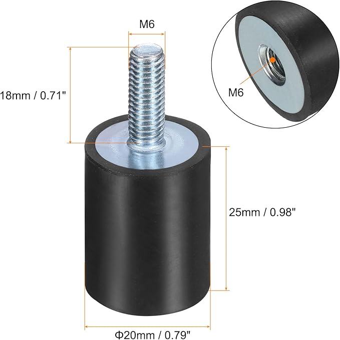 uxcell 6pcs M6x18mm Rubber Isolator Mounts with Studs 20x25mm Male Female Vibration Shock Absorber Zinc Plated Cylindrical Thread Mounts Anti Vibration Isolators with 6pcs M6 Lock Nuts