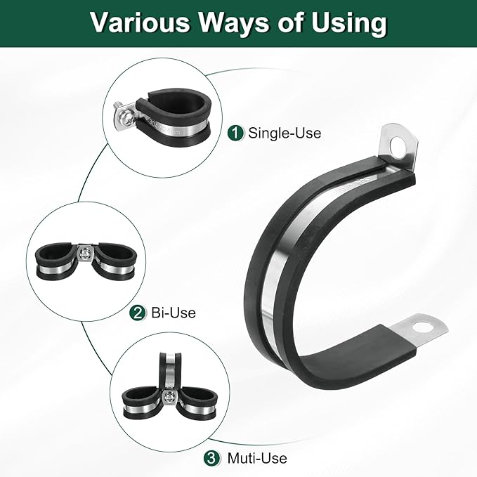 uxcell 1-5/8"(40mm) Cable Clamp, 304 Stainless Steel Rubber Cushioned Insulated R Shape Metal Clamp Tube Holder for Pipe Hose Wire Cord Installation 12Pcs