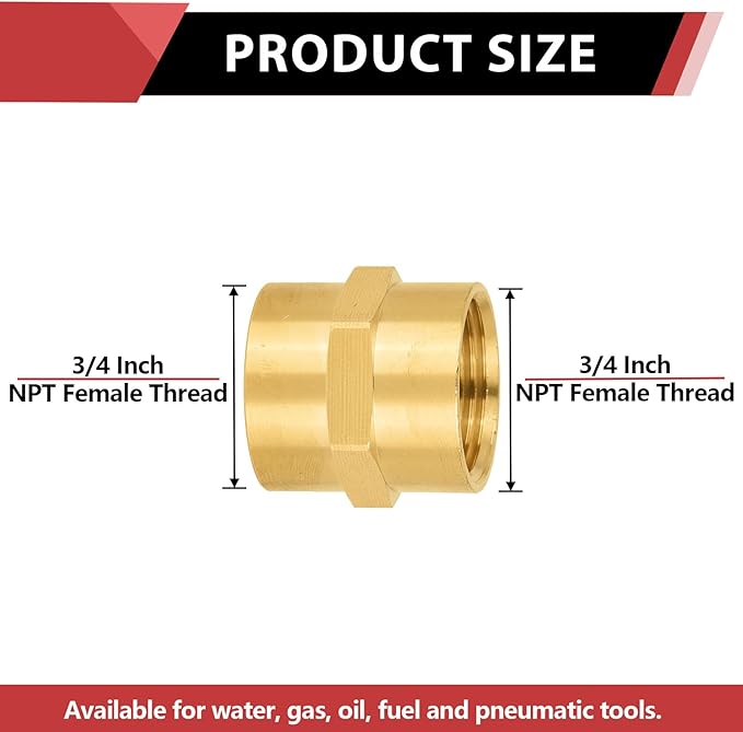 (Pack of 2) EFIELD 3/4" x 3/4" Female NPT Coupling, Soild Brass Hex Nipple Brass Pipe Fittings,(NPT076)