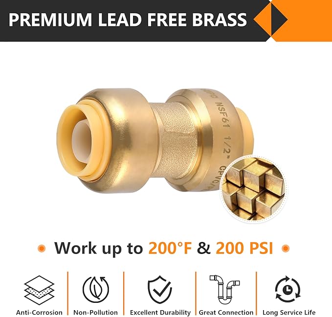 40-Pack HeSun Pushfit Coupling, 1" x 1" Push to Connect Plumbing Fittings with Disconnect Clip, Brass Push-fit Fittings for PEX, Copper, CPVC, PE-RT Pipes(PF009-40)