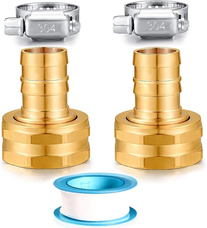 Solid Brass Garden Hose Repair kit Connector with Stainless Steel Clamps, Male Adapter/Female Garden Hose Swivel Fitting… (5/8" Barb x 3/4" Female -2 Sets)