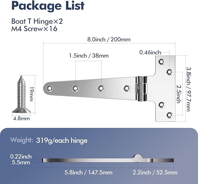 Boat T Type Hinge, Marine Grade Stainless Steel 316 Heavy Duty Strap Butt Hinge Durable Marine Applications for Hatch, Cabinet, Gate, and Door