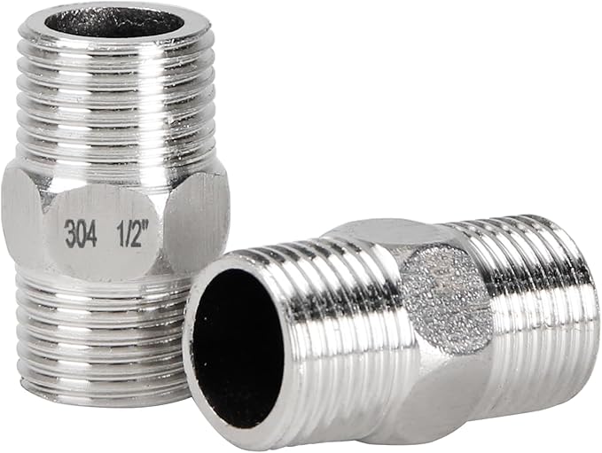 2Pcs 1/2" Male Hex Nipple Pipe Fitting, 304 Stainless Steel Threaded Adapter Fittings, 1/2 Inch Male Equal Nipples Connectors, Male Straight Threaded Pipe Fitting