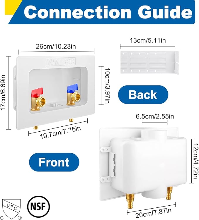 Washing Machine Outlet Box with Center Drain, 1/2" Crimp Pex F1807 Inlet x 3/4" MHT Outlet Connection with Hot and Cold 1/4-turn Shut-off Ball Valve