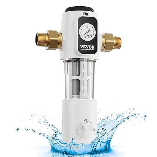 VEVOR Sediment Filter, 20 GPM Spin Down Sediment Filter with Pressure Gauge, 4Th Gen Backwash Pre-Filtration System, 360° Bi-Side Scraper Flush, Reusable Whole House Sediment Water Filter, 3/4" MNPT