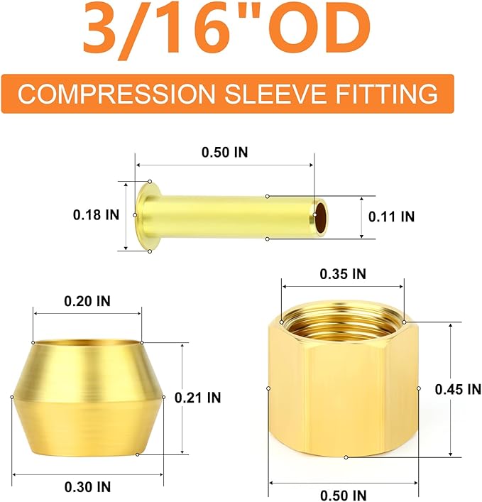 GASHER 60PCS Brass Compression Fitting Kit,Sleeve Ferrules&Insert Tube Support&Ferrule head,3/16" Tube OD
