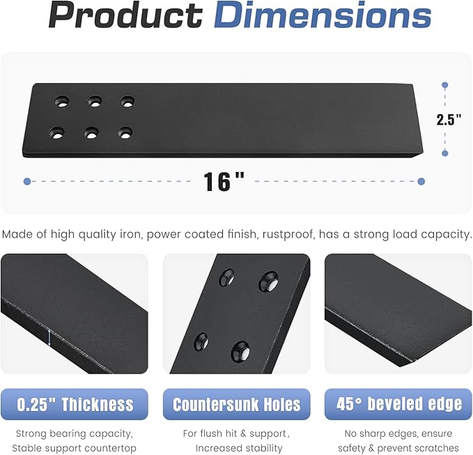 Countertop Support Brackets Heavy Duty 4 Pack 1/4" Thick 16 Inch Flat Hidden Knee Wall Countertop Bracket for Granite Quartz Wood Concret Countertops Screws Included