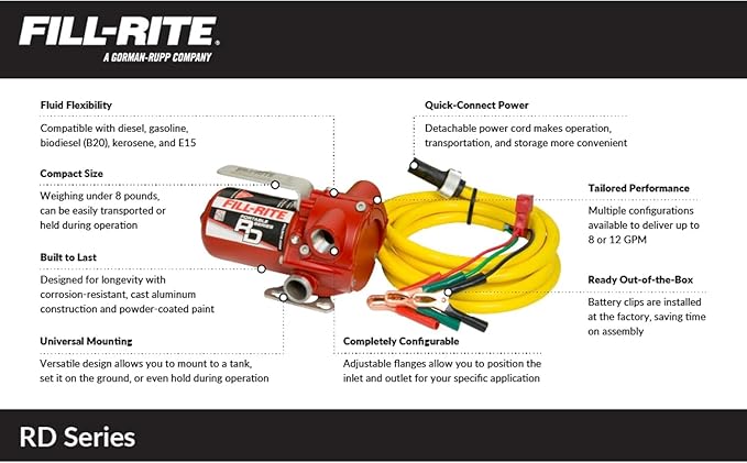 Fill-Rite RD812NH 12V 8 GPM Portable Fuel Transfer Pump w/Discharge Hose, Manual Nozzle, Power Cable/Clips, & Suction Hose