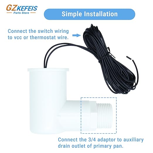 SS2 Float Switch L Shape, Compatible with Safe-T-Switch for HVAC Drain Pan Condensate Outlet, AC Water Level Switch with 3/4 Inch Adapter and 6Ft Wire (5, White)